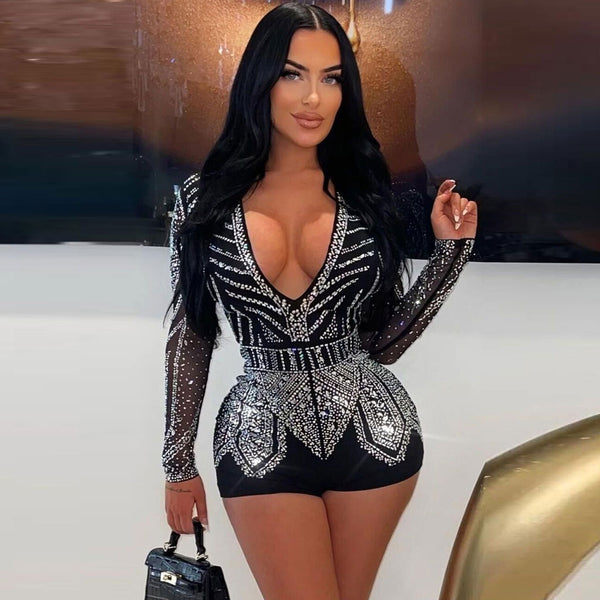 Sexy Plunge V Neck Sheer Long Sleeve Glitter Crystal Bodycon Club Romper
