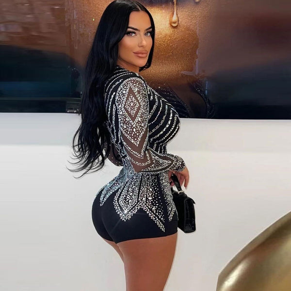 Sexy Plunge V Neck Sheer Long Sleeve Glitter Crystal Bodycon Club Romper