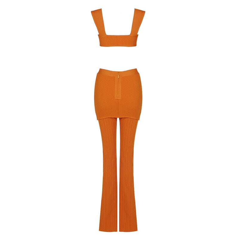 Sexy Rib Knit Crop Tank Top High Waist Bootcut Bandage Knit Matching Set