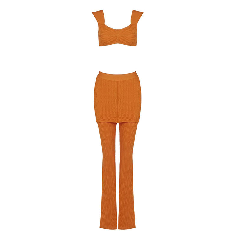 Sexy Rib Knit Crop Tank Top High Waist Bootcut Bandage Knit Matching Set