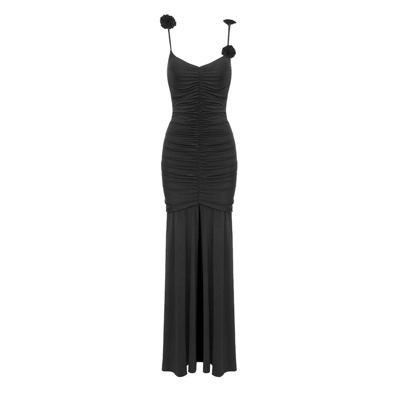 Sexy Rosette Applique Deep V Neck Ruched Split Sleeveless Maxi Evening Dress