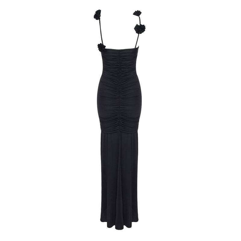 Sexy Rosette Applique Deep V Neck Ruched Split Sleeveless Maxi Evening Dress