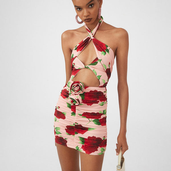 Sexy Rosette Floral Print Ruched Crossed Halter Cutout Bodycon Mini Party Dress