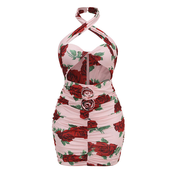 Sexy Rosette Floral Print Ruched Crossed Halter Cutout Bodycon Mini Party Dress