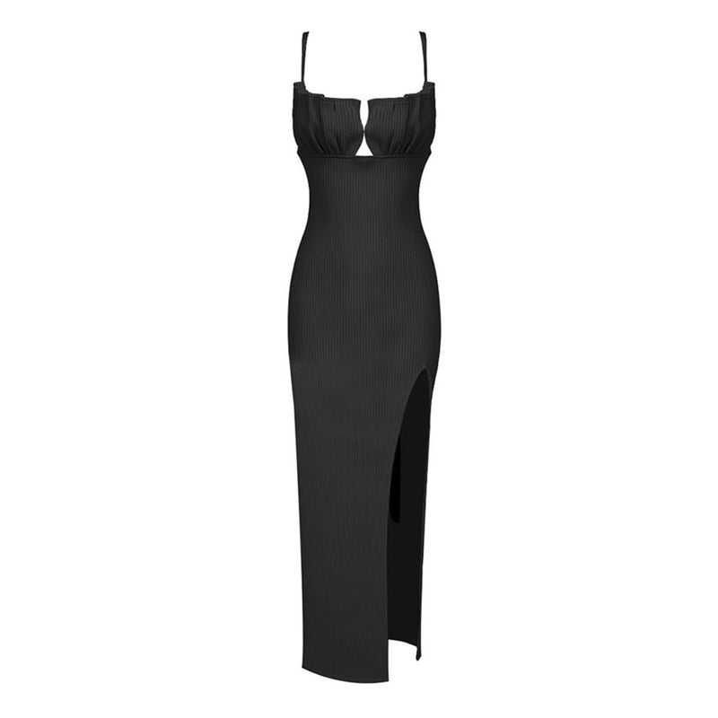 Sexy Ruched Bustier Spaghetti Strap Thigh High Ribbed Knit Midi Slip Dress