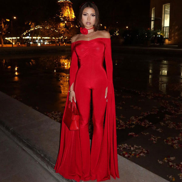 Sexy Ruched Detail Off The Shoulder Floor Length Cape Sleeve Bootcut Jumpsuit
