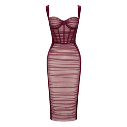 Sexy Ruched Mesh Panel Sweetheart Suspender Strap Corset Midi Velvet Dress