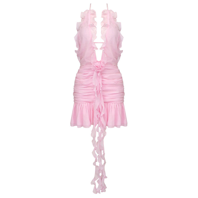 Sexy Ruffle Plunge Halter Neck Draped Rosette Applique Ruched Backless Mini Party Dress