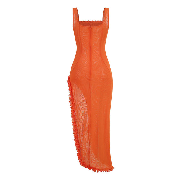 Sexy Ruffle Trim Square Neck Sleeveless Thigh Split Sheer Mesh Maxi Dress