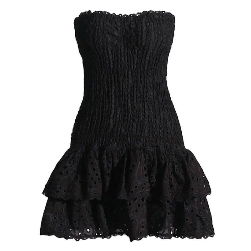 Sexy Scalloped Strapless Smocked Broderie Anglaise Tiered Ruffled Mini Dress