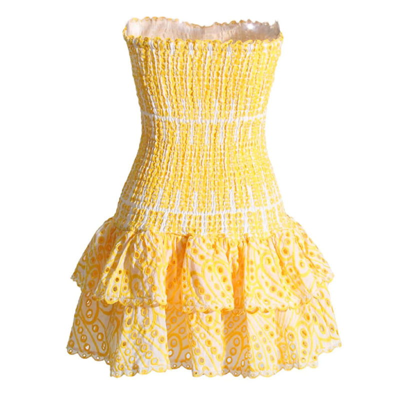Sexy Scalloped Strapless Smocked Broderie Anglaise Tiered Ruffled Mini Dress