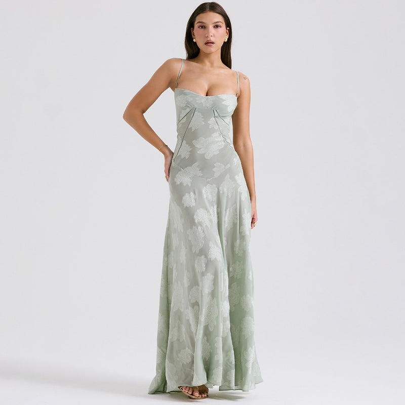 Sexy Sheer Jacquard Floral Lace Back Drop Waist Fishtail Maxi Slip Dress