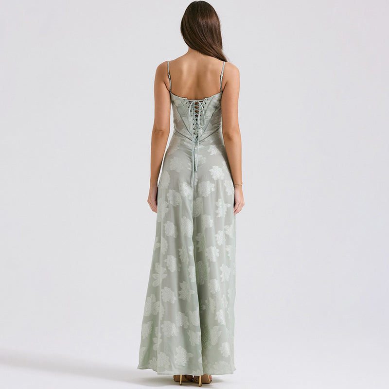 Sexy Sheer Jacquard Floral Lace Back Drop Waist Fishtail Maxi Slip Dress