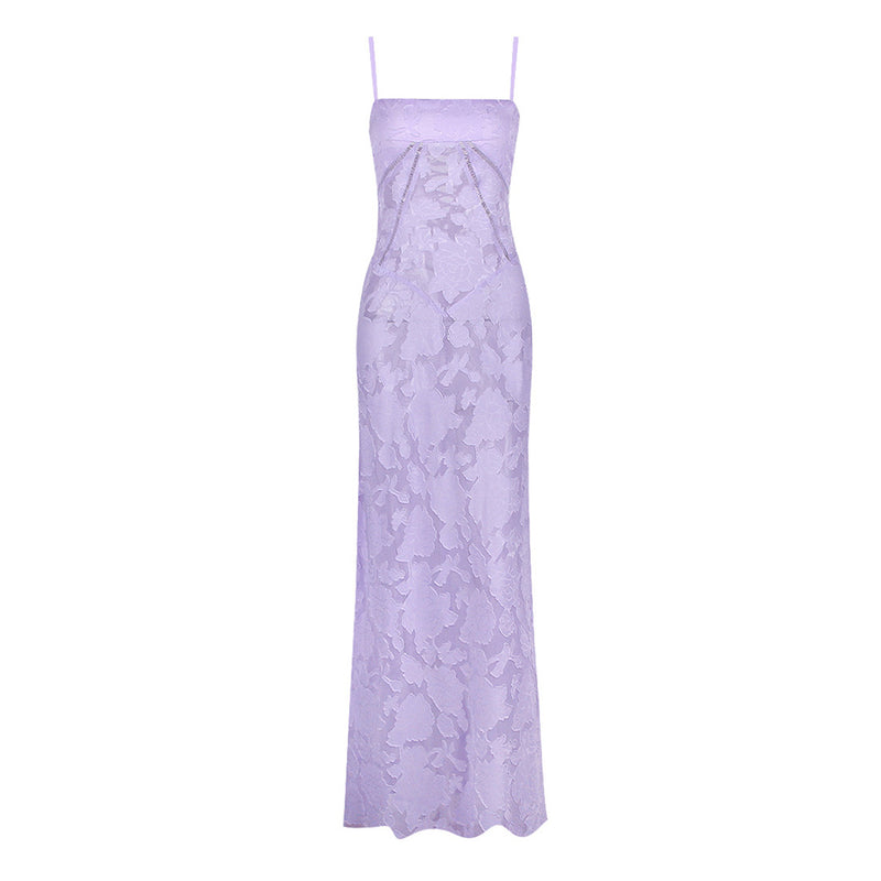 Sexy Sheer Jacquard Floral Lace Back Drop Waist Fishtail Maxi Slip Dress