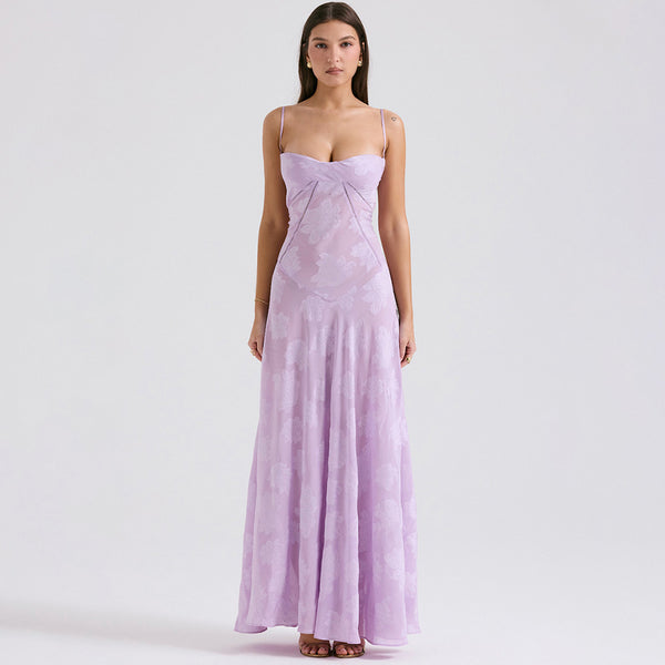 Sexy Sheer Jacquard Floral Lace Back Drop Waist Fishtail Maxi Slip Dress
