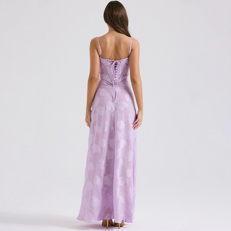 Sexy Sheer Jacquard Floral Lace Back Drop Waist Fishtail Maxi Slip Dress