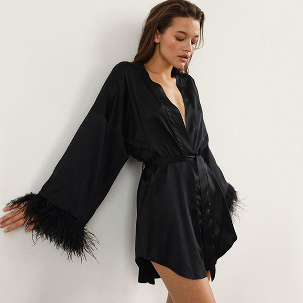 Sexy Silky Wrap Tie Feather Trim Bell Sleeve Satin Swan Cover Up Mini Robe