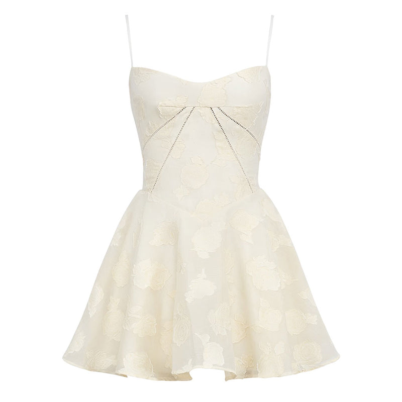 Sexy Spaghetti Strap Lace Up Back Drop Waist Floral Jacquard Slip Mini Dress