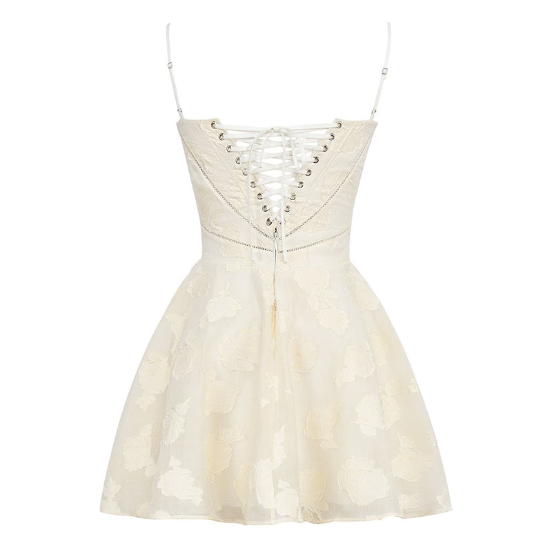 Sexy Spaghetti Strap Lace Up Back Drop Waist Floral Jacquard Slip Mini Dress