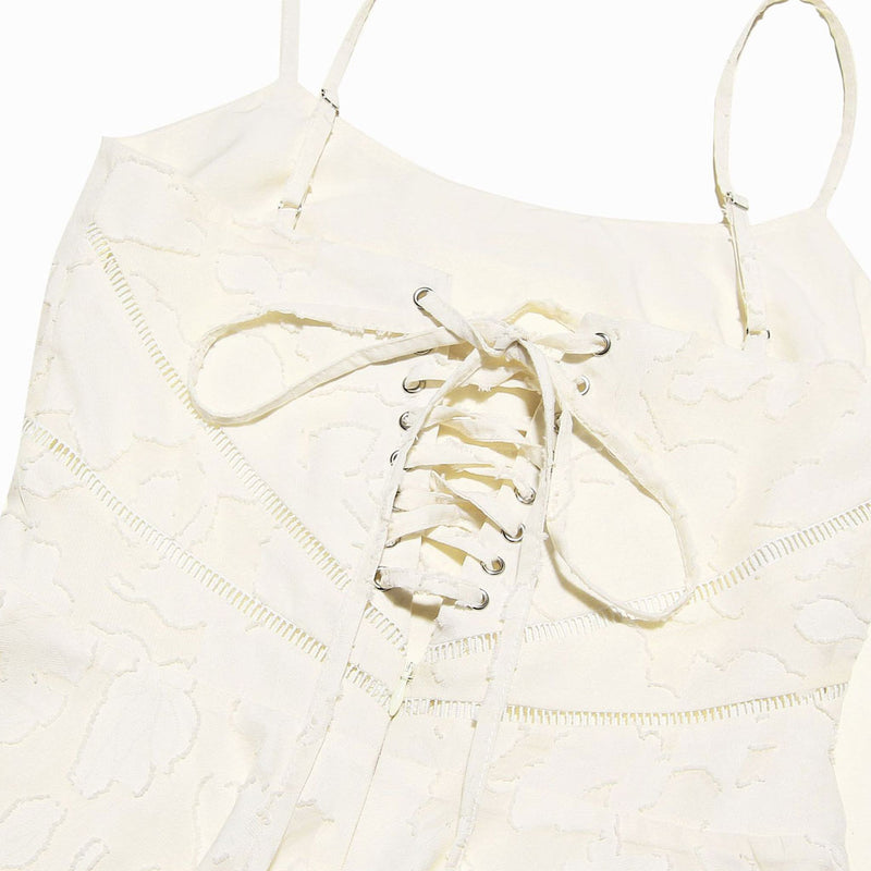 Sexy Spaghetti Strap Lace Up Back Drop Waist Floral Jacquard Slip Mini Dress