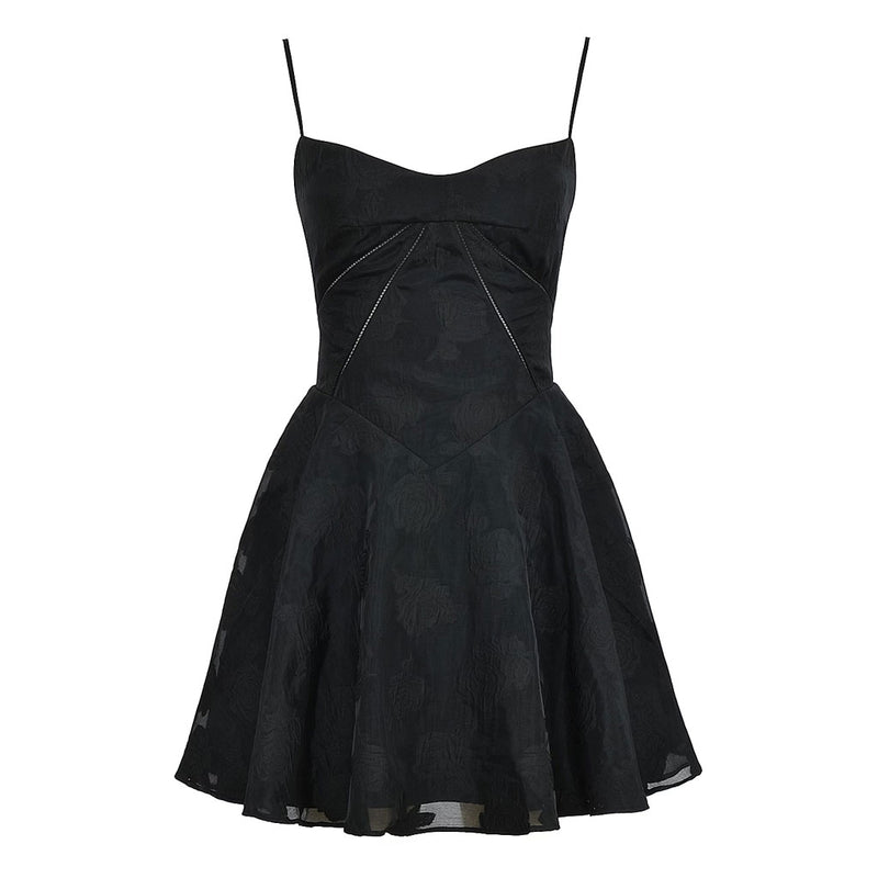 Sexy Spaghetti Strap Lace Up Back Drop Waist Floral Jacquard Slip Mini Dress