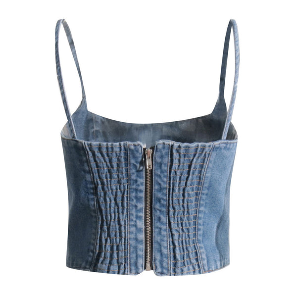 Sexy Spaghetti Strap Smocked Back Cropped Bustier Demin Tank Top