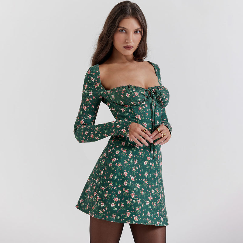 Sexy Tie Front Square Neck Lace Up Back Long Sleeve Floral Party Corset Mini Dress