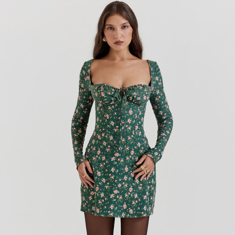 Sexy Tie Front Square Neck Lace Up Back Long Sleeve Floral Party Corset Mini Dress