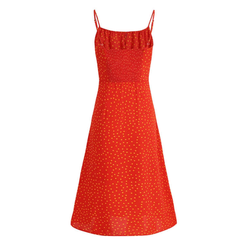 Sexy Tie Neck Smocked Sleeveless A Line Polka Dot Print Midi Sundress