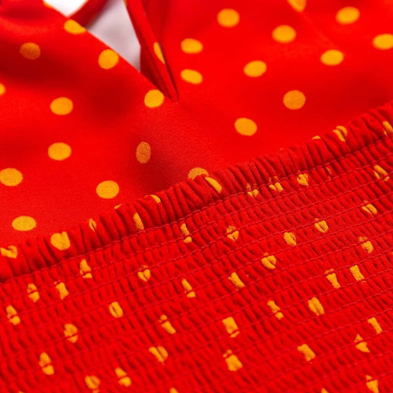 Sexy Tie Neck Smocked Sleeveless A Line Polka Dot Print Midi Sundress