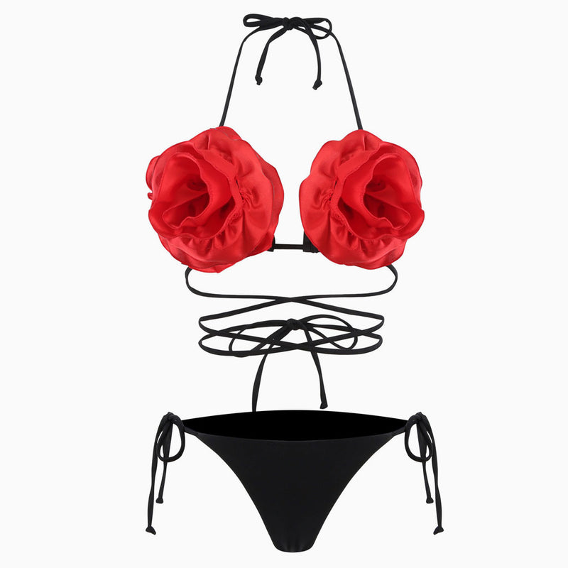 Sexy Tie String Cheeky Wrap Around Contrast Rosette Triangle Halter Bikini Set