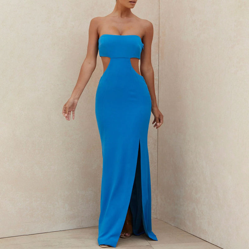 Sexy Tube Top Cutout Waist Side Split Fitted Bandage Maxi Evening Dress