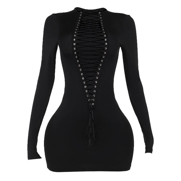 Sexy Two Way Lace Up Deep V Neck Long Sleeve Bodycon Mini Party Dress