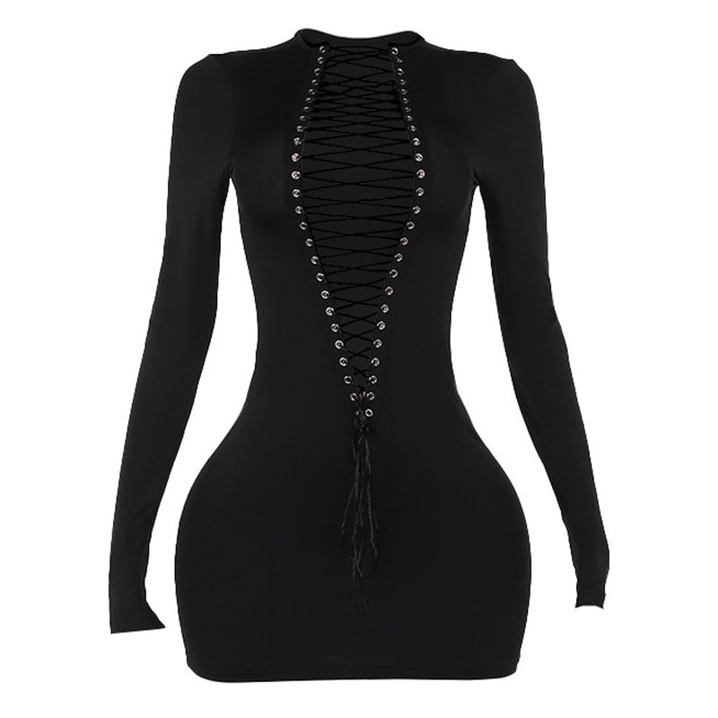 Sexy Two Way Lace Up Deep V Neck Long Sleeve Bodycon Mini Party Dress