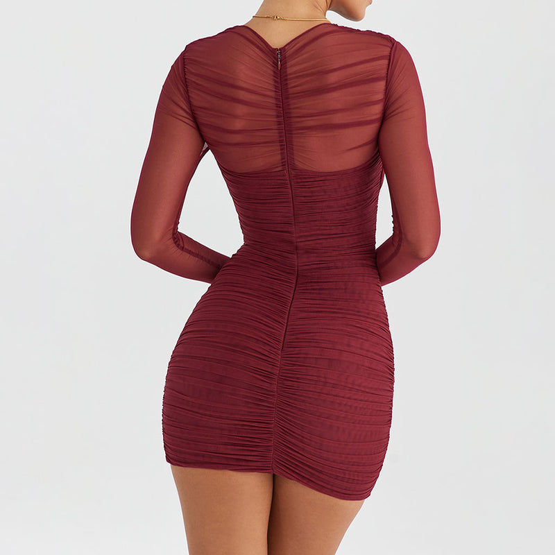 Sexy Wrapped V Neck Sheer Long Sleeve Ruched Mesh Party Bodycon Mini Dress