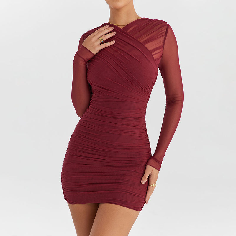 Sexy Wrapped V Neck Sheer Long Sleeve Ruched Mesh Party Bodycon Mini Dress