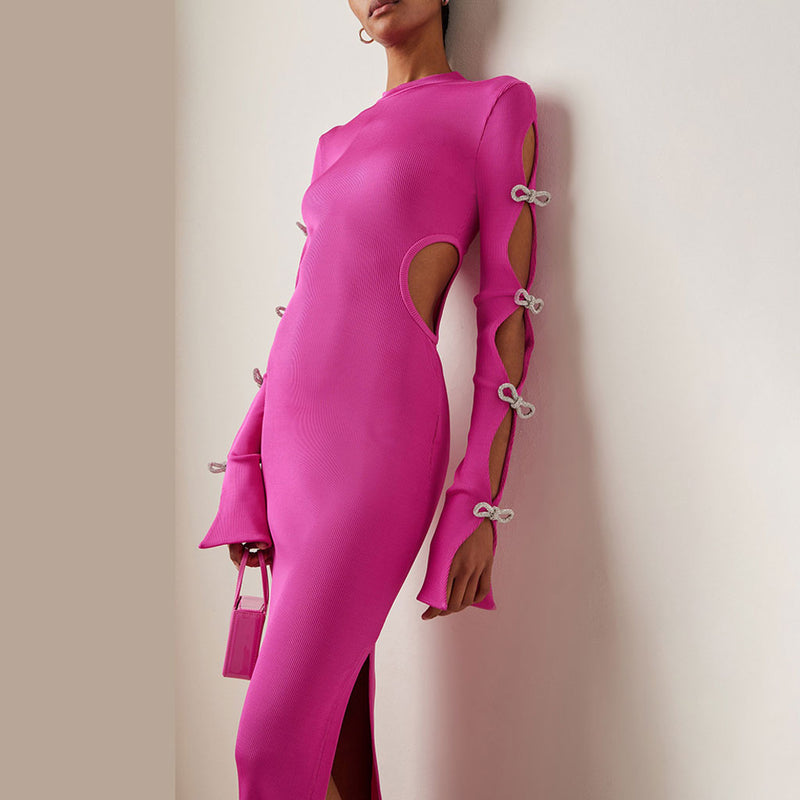Shimmer Crystal Bow Cutout Long Sleeve Rib Knit High Split Maxi Bandage Dress