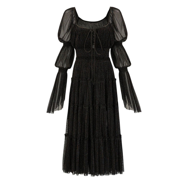 Shimmer Lace Up Square Neck Bubble Sleeve Gauze Smocked Tiered Midi Dress