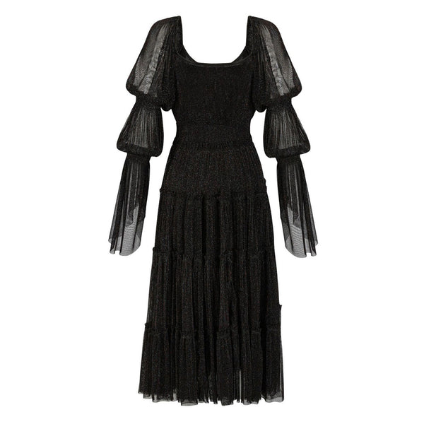 Shimmer Lace Up Square Neck Bubble Sleeve Gauze Smocked Tiered Midi Dress