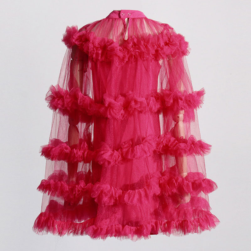 Shimmer Mock Neck Ruched Ruffle Tiered Tulle Sheer Cape Mini Dress