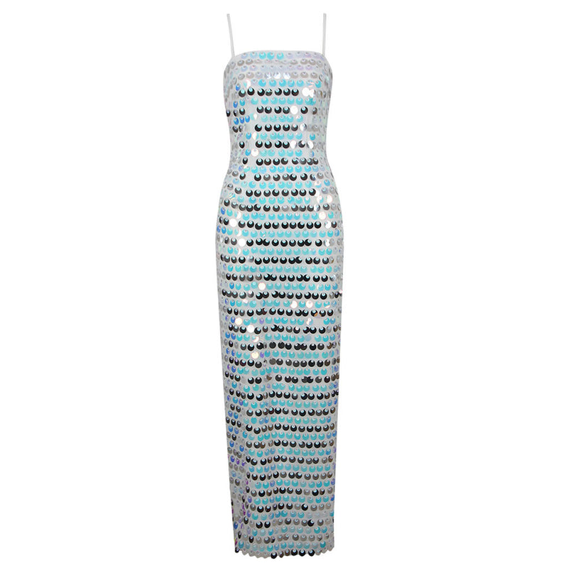 Shimmer Sequin Mesh Embellished Bodycon Sleeveless Split Maxi Evening Dress