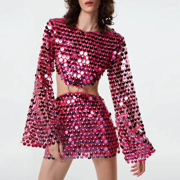 Shimmer Sequin Mesh Embellished O Ring Cutout Bell Sleeve Mini Club Dress