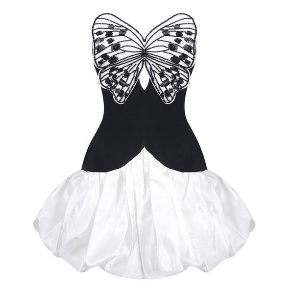 Shimmering Butterfly Strapless Keyhole Cutout Bubble Hem Mini Party Dress