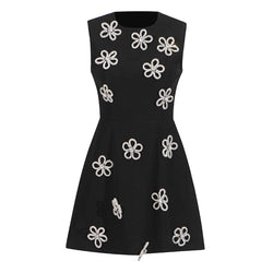 Shimmering Crystal Floral Embellished Crew Neck Sleeveless Skater Mini Dress