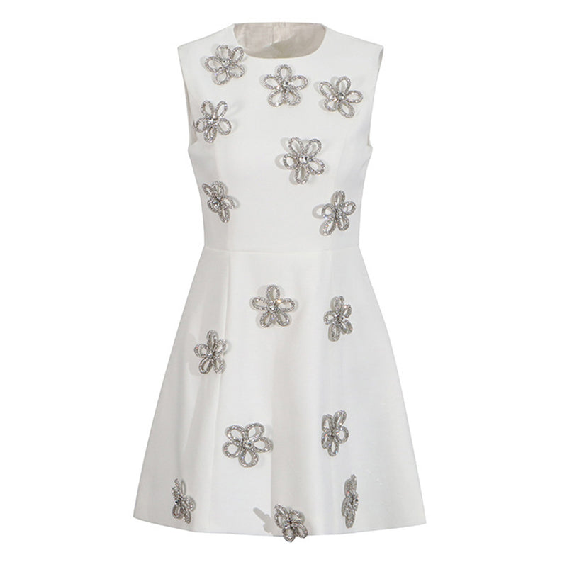 Shimmering Crystal Floral Embellished Crew Neck Sleeveless Skater Mini Dress