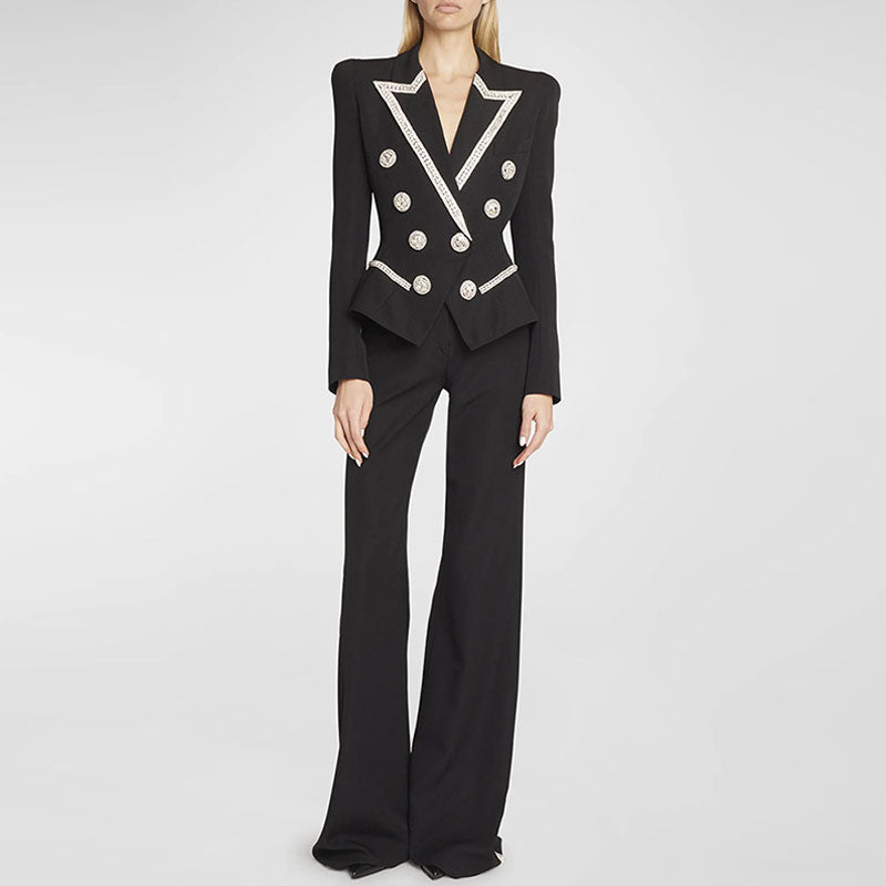 Shimmering Crystal Peak Lapel Double Breasted Cinch Waist Tailored Blazer