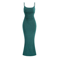 Shimmering Lurex Cowl Neck Spaghetti Strap Fishtail Maxi Formal Dress