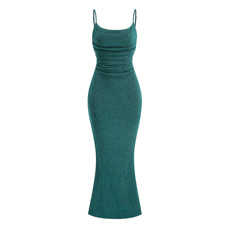 Shimmering Lurex Cowl Neck Spaghetti Strap Fishtail Maxi Formal Dress