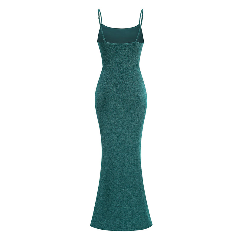 Shimmering Lurex Cowl Neck Spaghetti Strap Fishtail Maxi Formal Dress