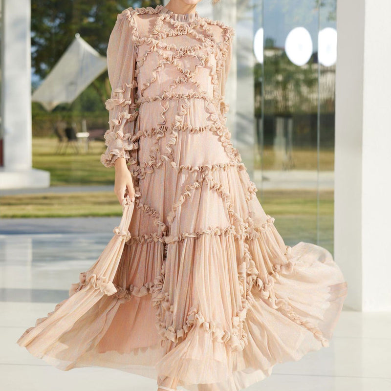 Shimmering Ruffle Mock Neck 3/4 Sheer Sleeve A Line Tulle Maxi Evening Dress